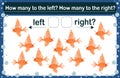 A puzzle game for kids called `Left or Right`. Spatial orientation with bright fish. Training sheet. Royalty Free Stock Photo